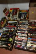 FOUR BOXES OF BOOKS, VINYL LP RECORDS AND DVD'S, mostly hard back books of cooking interest and