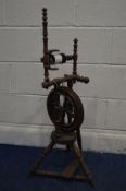 A 19TH AND LATER CENTURY MAHOGANY SPINNING WHEEL
