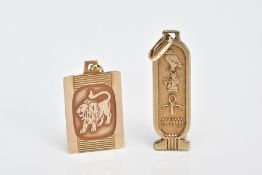 TWO 9CT GOLD PENDANTS, the first of a square form with an embossed lion, hallmarked 9ct gold