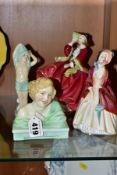FOUR ROYAL DOULTON FIGURES, comprising Vera bust HN1730 RD No 788579, green, (hairline to base and