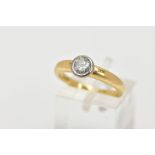 AN 18CT GOLD SINGLE STONE DIAMOND RING, centring on a round brilliant cut diamond (fracture