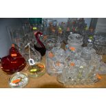 A GROUP OF GLASSWARE, including three Stuart Crystal wheel etched sherry glasses, Royal Doulton