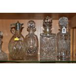EIGHT ASSORTED DECANTERS AND STOPPERS AND A CLARET JUG, including two square cut decanters, a