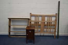 AN EDWARDIAN MAHOGANY POT CUPBOARD, along with a satinwood 4ft6 bedstead, with irons and a pine