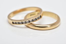 A 9CT GOLD HALF HOOP DIAMOND RING AND A 9CT GOLD BAND, the half hoop set with a row of round