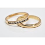 A 9CT GOLD HALF HOOP DIAMOND RING AND A 9CT GOLD BAND, the half hoop set with a row of round