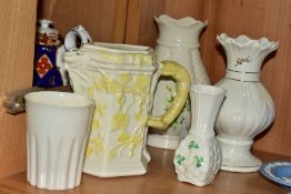 A GROUP OF BELLECK AND IRISH LUSTRE PORCELAIN, various backstamps, to include a mask lip jug, height