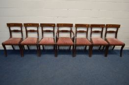 A SET OF SEVEN GEORGIAN REGENCY MAHOGANY BAR BACK DINING CHAIRS, including one carver, decorated mid