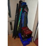 A COLLECTION OF FISHING EQUIPMENT, COURSE FISHING AND CARP FISHING, including fishing rods, keep