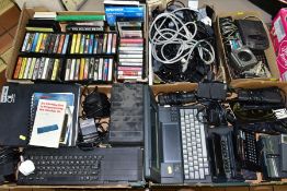 FIVE BOXES OF COMPUTERS, GAMES, CABLES, ETC, including a Sinclair QL with user guide, a Sinclair