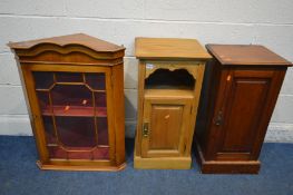 TWO EDWARDIAN POT CUPBOARDS and a mahogany handing corner cupboard (3)