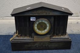 A SLATE EIGHT DAY MANTLE CLOCK, width 43cm x height 33cm (winding key)