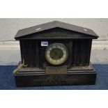 A SLATE EIGHT DAY MANTLE CLOCK, width 43cm x height 33cm (winding key)