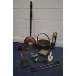 A QUANTITY OF METALWARE, to include a brass jam pan, brass and metal companion set, copper warming