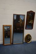 FOUR VARIOUS MODERN WALL MIRRORS of various styles and materials, largest mirror size 157cm x 61cm