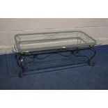 A METAL AND GLASS TOPPED COFFEE TABLE, length 122cm x depth 66cm x height 40cm