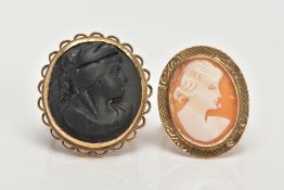 TWO YELLOW METAL CAMEO RINGS, the first designed with an oval shell cameo depicting a lady in