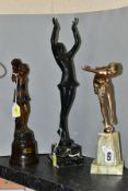 ART DECO STYLE FIGURINES, comprising a bronzed metal scantilly clad female on an onyx plinth,