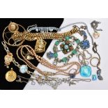 A BAG OF ASSORTED JEWELLERY, to include a rolled gold hinged bangle, with an engraved floral design,