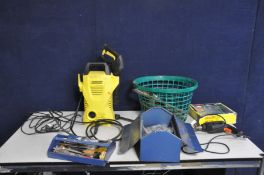 A KARCHER K2 COMPACT JET WASH (crack to outlet pipe) , Bosch Heat Gun, a Black and Decker Drill (all