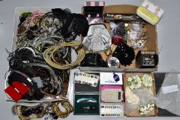 TWO BOXES OF ASSORTED COSTUME JEWELLERY, PURSES, CUFFLINKS etc, to include a box of assorted costume