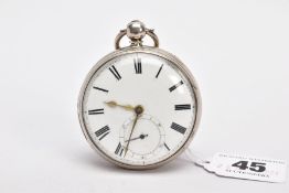 A GEORGE III, SILVER OPEN FACED POCKET WATCH, white dial, Roman numerals, seconds subsidiary dial at