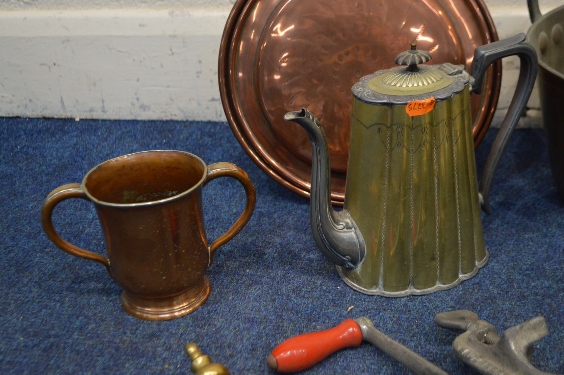 A QUANTITY OF METALWARE, to include a brass jam pan, brass and metal companion set, copper warming - Image 3 of 3