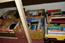 SIX BOXES OF BOOKS AND VINYL RECORDS, to include childrens books, cookery interest, novels, etc,