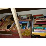 SIX BOXES OF BOOKS AND VINYL RECORDS, to include childrens books, cookery interest, novels, etc,