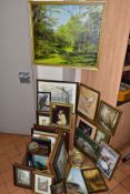 PAINTINGS AND PRINTS to include five oil landscapes, a watercolour of an Owl, pastel of a bird of
