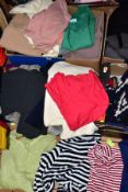 FOUR BOXES OF LADIES CASUAL TOPS AND KNITWEAR, etc, including 'Calvin Klein Jeans', Timberland,