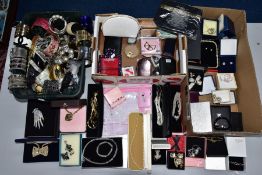 THREE BOXES OF ASSORTED COSTUME JEWELLERY, PURSES, COMPACTS, MANICURE SETS, the first box containing