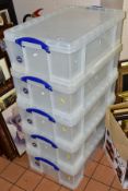 FIVE 50 LITRE STORAGE BOXES WITH LIDS, by the 'Really Useful Box Company'
