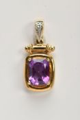 A 9CT GOLD AMETHYST AND DIAMOND PENDANT, designed with a claw set, rectangular cut amethyst, plain