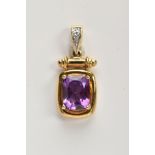 A 9CT GOLD AMETHYST AND DIAMOND PENDANT, designed with a claw set, rectangular cut amethyst, plain