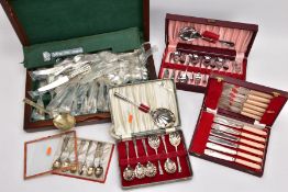 A SELECTION OF FLATWARE, to include a complete wooden canteen of cutlery, a cased set of seven shell