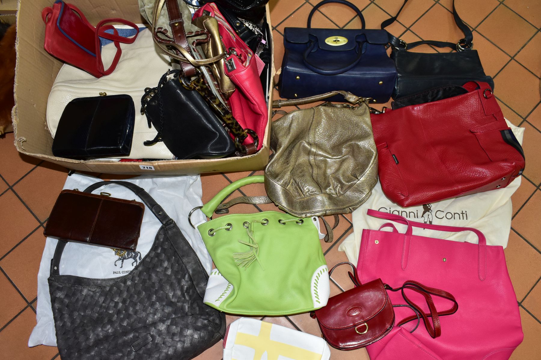 A BOX OF LADIES HANDBAGS, CLUTCH BAGS AND EVENING BAGS, including Russell & Bromley, Paul