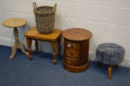 A CYLINDRICAL HARDWOOD CHEST OF THREE DRAWERS with hoop handles, a pine stool, a modern