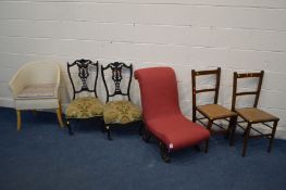 SIX VARIOUS CHAIRS to include a pair of Edwardian ebonised chairs, Victorian sleigh chair in red