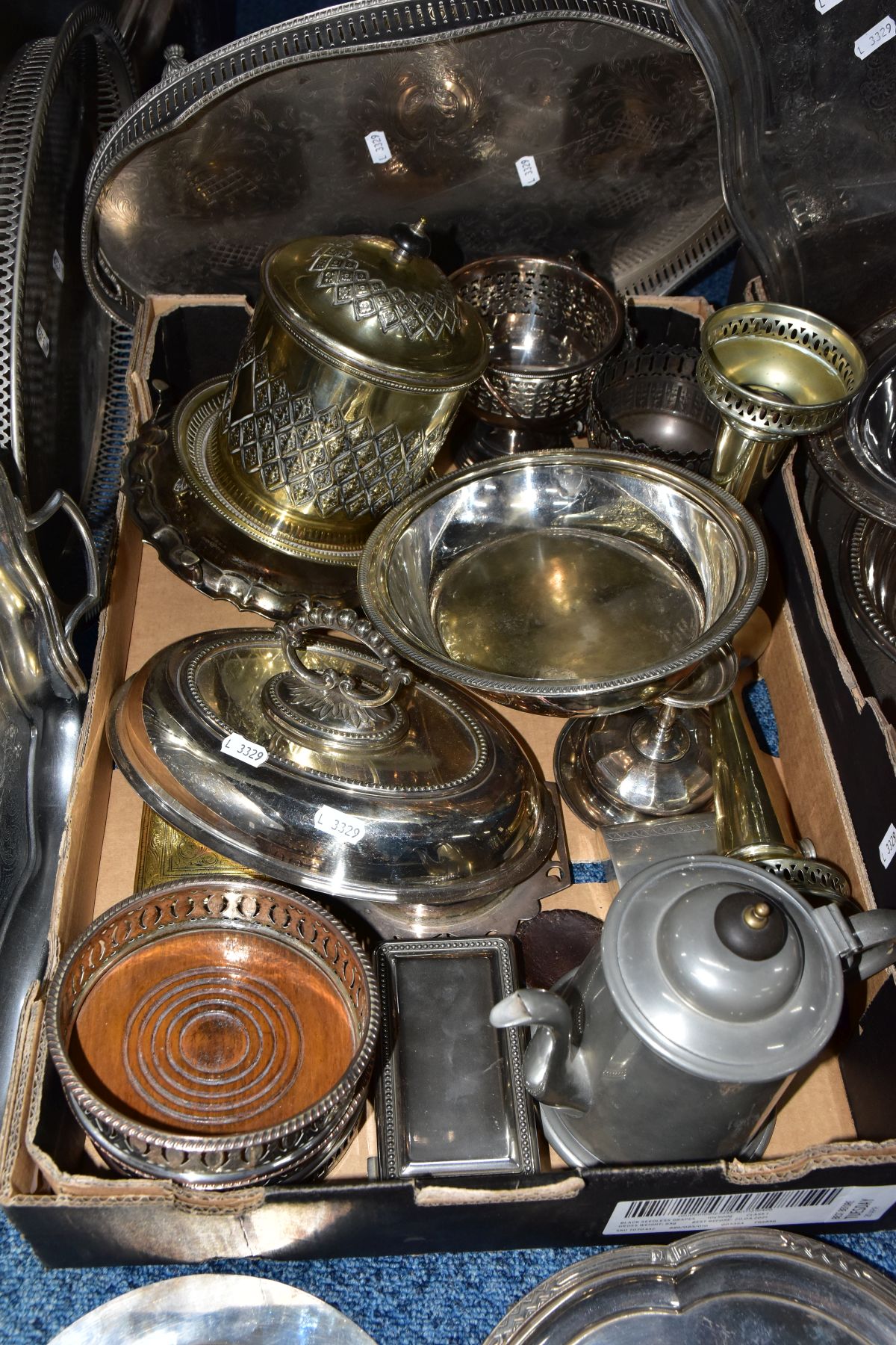TWO BOXES OF WHITE METAL WARE, to include a box of various sized trays and entree dishes, such as - Image 4 of 9