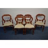 A SET OF SIX WARING AND GILLOW VICTORIAN STYLE MAHOGANY BALLOON BACK DINING CHAIRS, with cream