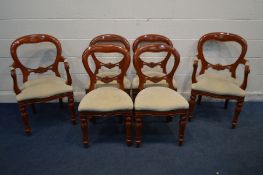 A SET OF SIX WARING AND GILLOW VICTORIAN STYLE MAHOGANY BALLOON BACK DINING CHAIRS, with cream