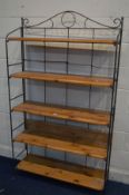 A MODERN PINE WROUGHT IRON FRAMED FOLDING BOOKCASE, width 104cm x depth 32cm x height 180cm