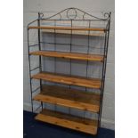 A MODERN PINE WROUGHT IRON FRAMED FOLDING BOOKCASE, width 104cm x depth 32cm x height 180cm