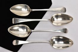 FOUR SILVER SERVING SPOONS, each of an Old English pattern design, engraved monograms on the