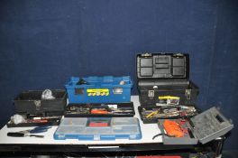 THREE PLASTIC TOOLBOXES containing tools including a Kane and May KM2002 Temperature probe, chisels,