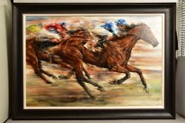 GARY BENFIELD (BRITISH 1965) 'SILKS RACE HORSES AND JOCKEYS IN FULL GALLOP', signed bottom left, oil