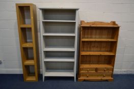 A MODERN PINE BOOKCASE with three drawers, width 94cm x depth 30cm x height 154, grey painted pine