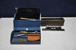 A METAL TOOLBOX CONTAINING A RABONE AND SONS SPIRIT LEVEL, copper and rubber mallets, etc