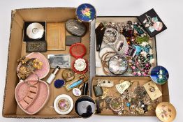 A BOX OF ASSORTED ITEMS, to include various pieces of costume jewellery, such as bracelet,